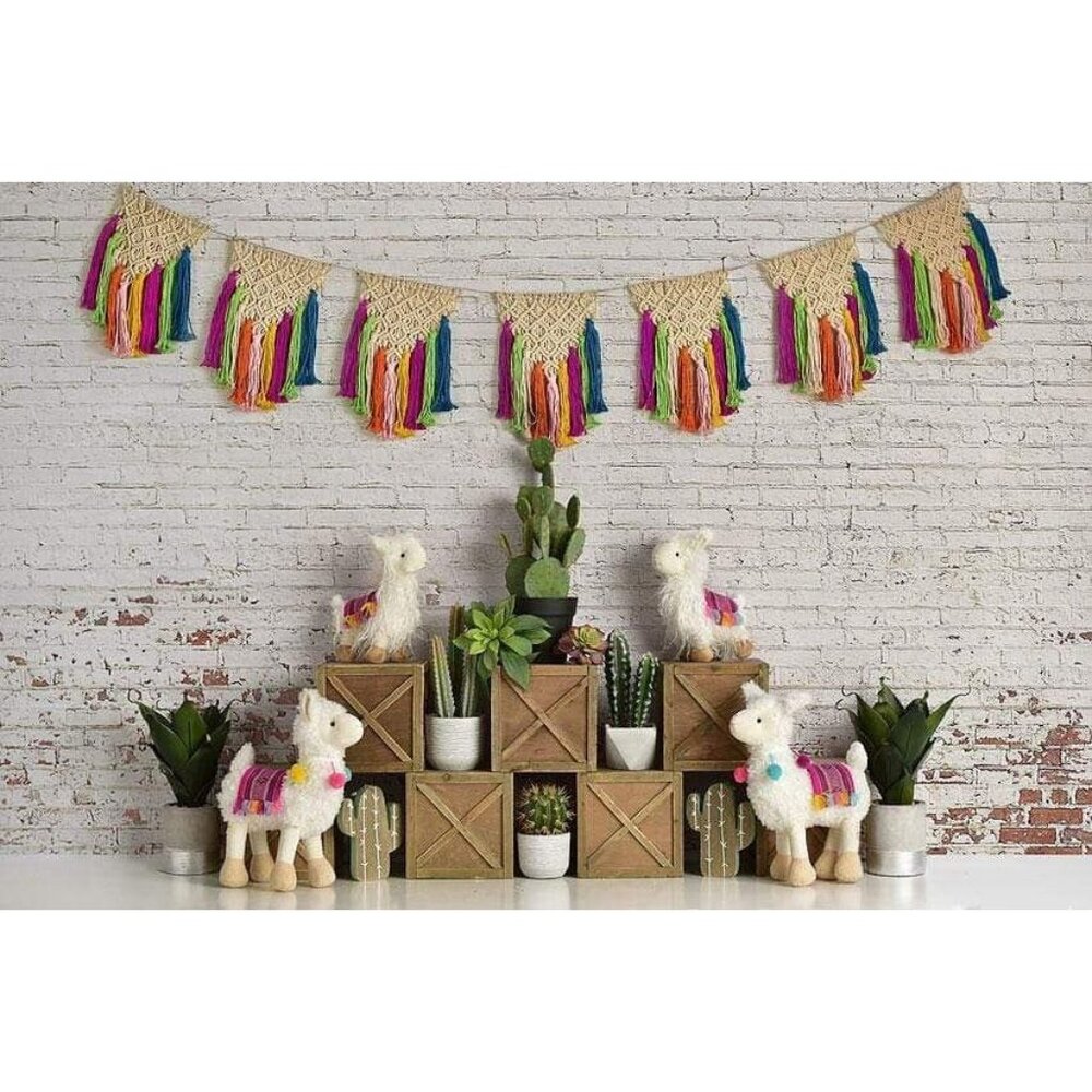 Kate Backdrop Fabric 5'x7' Boho Llamas Cactus Colorful Rainbow Wrinkle Resistant